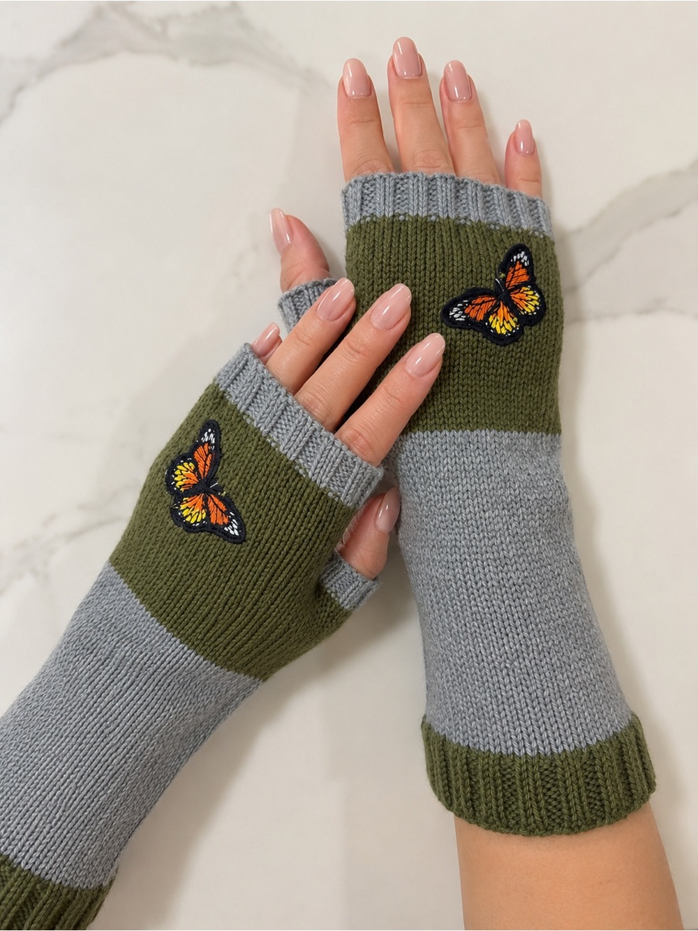 Butterfly Fingerless Knit Arm Warmers Gray Olive Green Winter Gloves Wrist